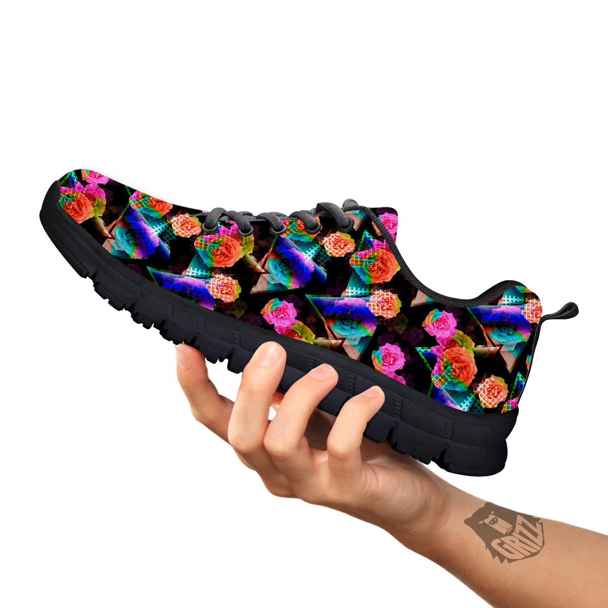 Roses Colorful Gradient Triangle Print Pattern Black Sneaker-grizzshop