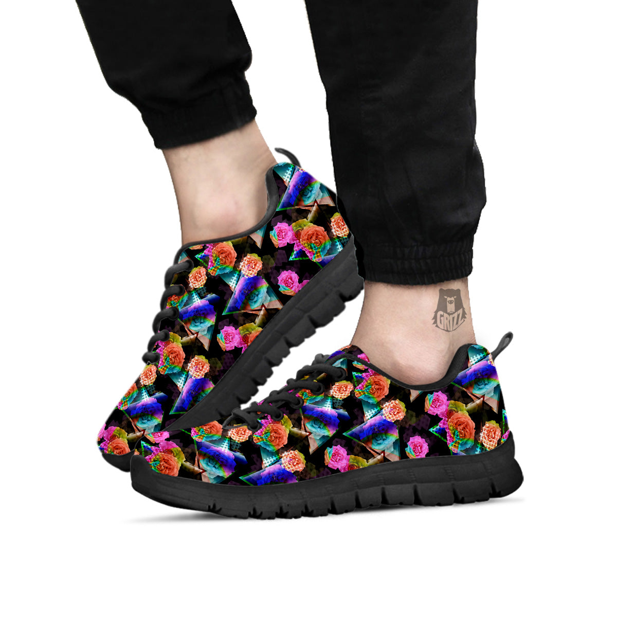 Roses Colorful Gradient Triangle Print Pattern Black Sneaker-grizzshop