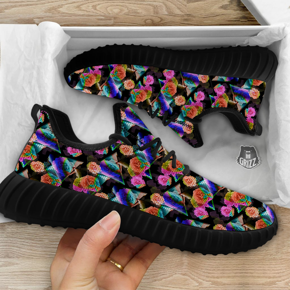 Roses Colorful Gradient Triangle Print Pattern Black Walking Shoes-grizzshop