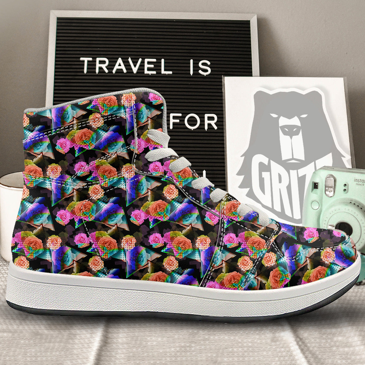 Roses Colorful Gradient Triangle Print Pattern High Top Sneakers-grizzshop