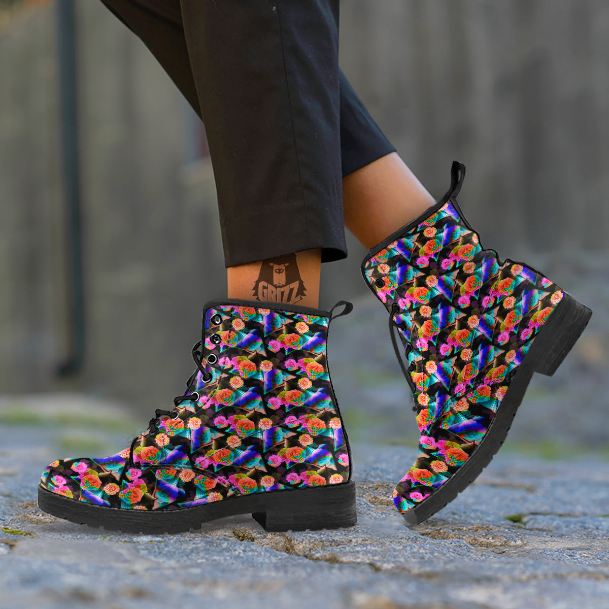 Roses Colorful Gradient Triangle Print Pattern Leather Boots-grizzshop