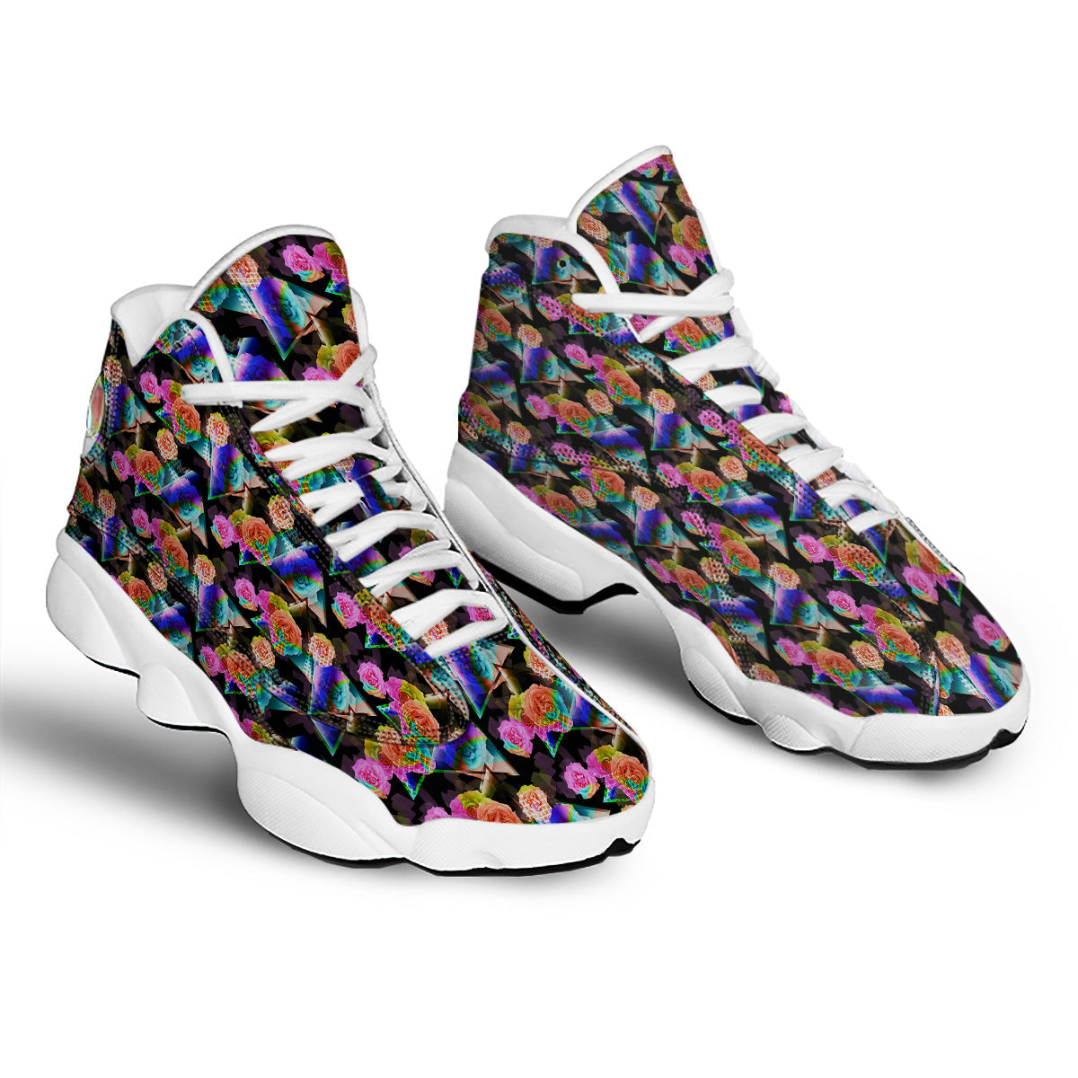 Roses Colorful Gradient Triangle Print Pattern White Basketball Shoes-grizzshop