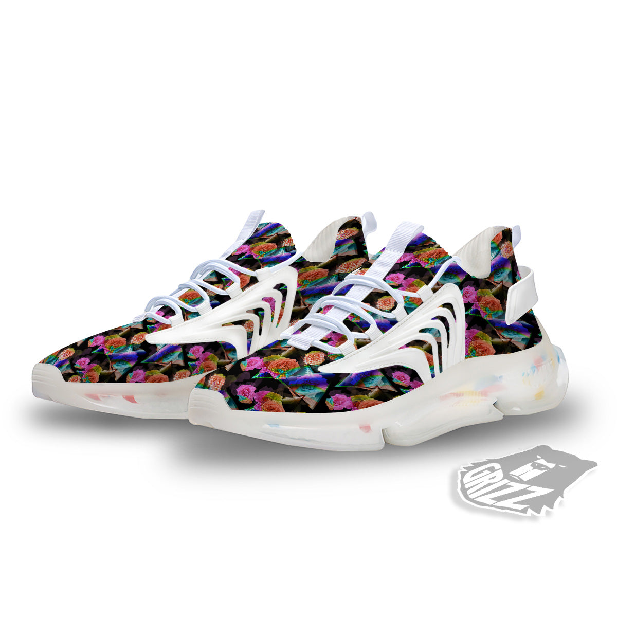 Roses Colorful Gradient Triangle Print Pattern White Gym Shoes-grizzshop
