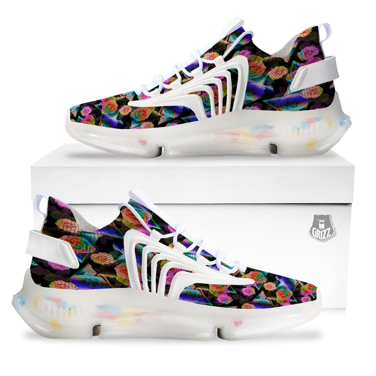 Roses Colorful Gradient Triangle Print Pattern White Gym Shoes-grizzshop
