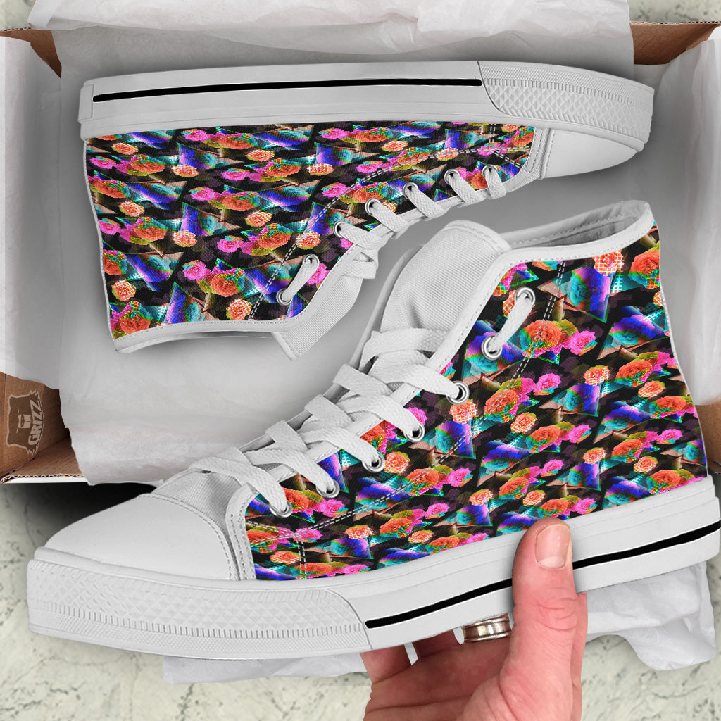 Roses Colorful Gradient Triangle Print Pattern White High Top Shoes-grizzshop