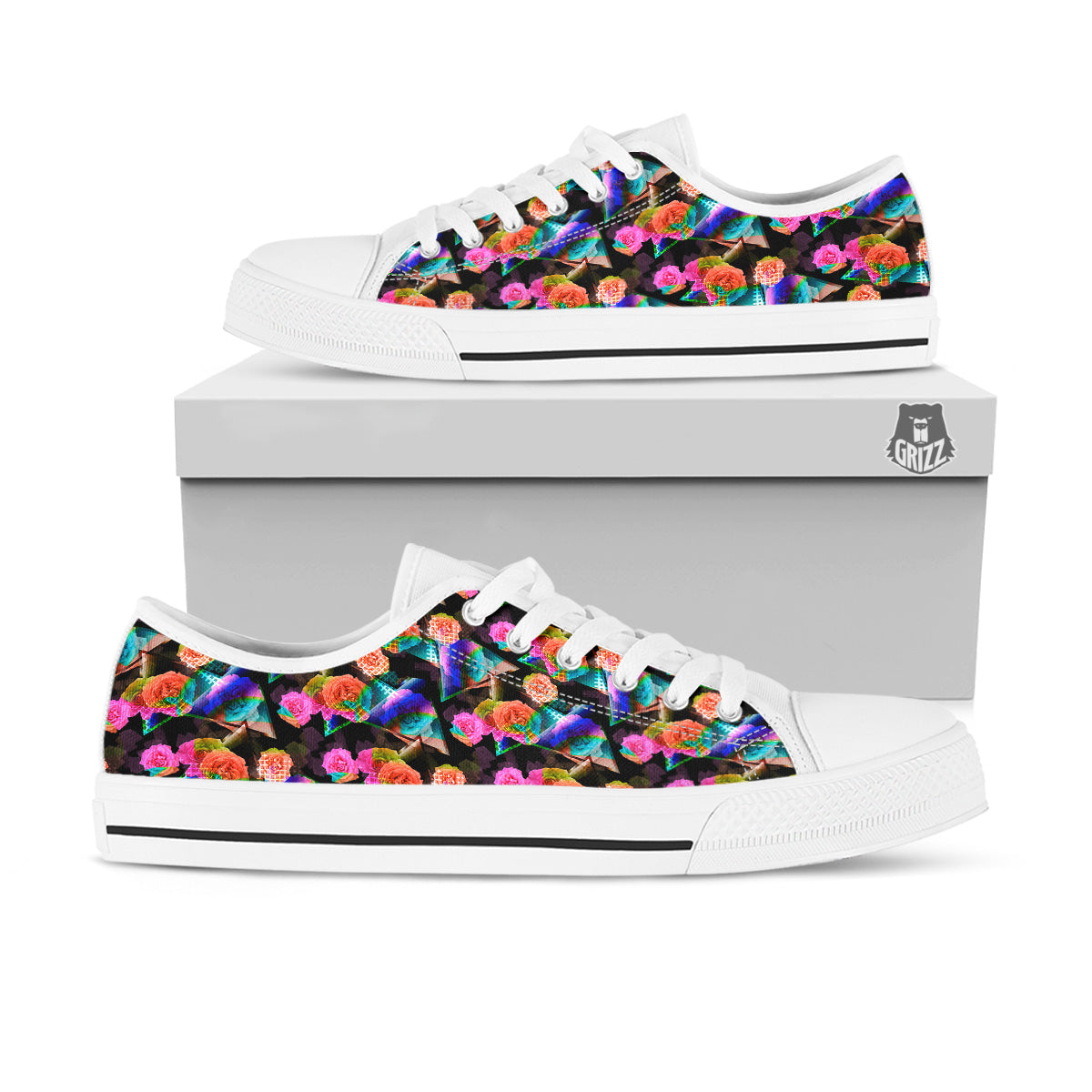 Roses Colorful Gradient Triangle Print Pattern White Low Top Shoes-grizzshop