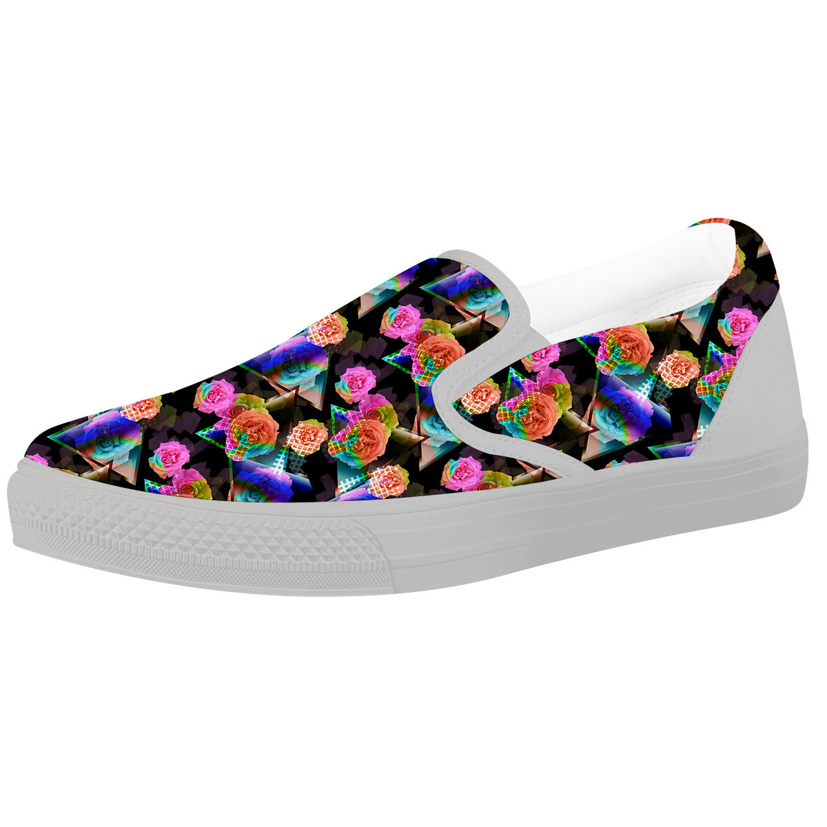 Roses Colorful Gradient Triangle Print Pattern White Slip On Shoes-grizzshop