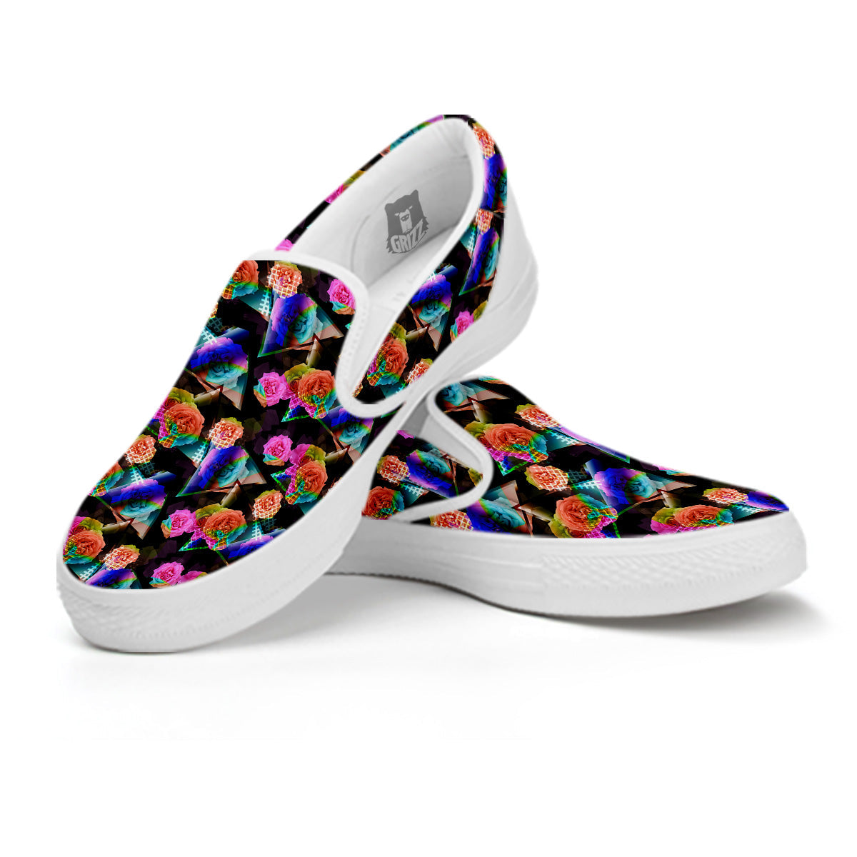 Roses Colorful Gradient Triangle Print Pattern White Slip On Shoes-grizzshop