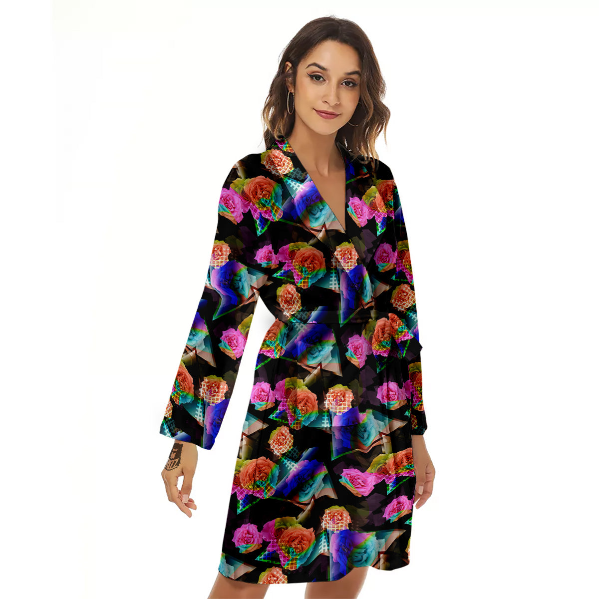 Roses Colorful Gradient Triangle Print Pattern Women's Robe-grizzshop