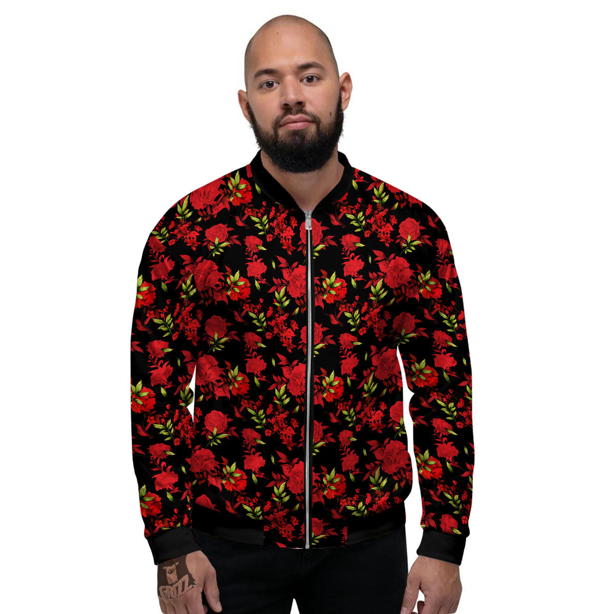 Roses Floral Red And Black Print Men's Bomber Jacket-grizzshop