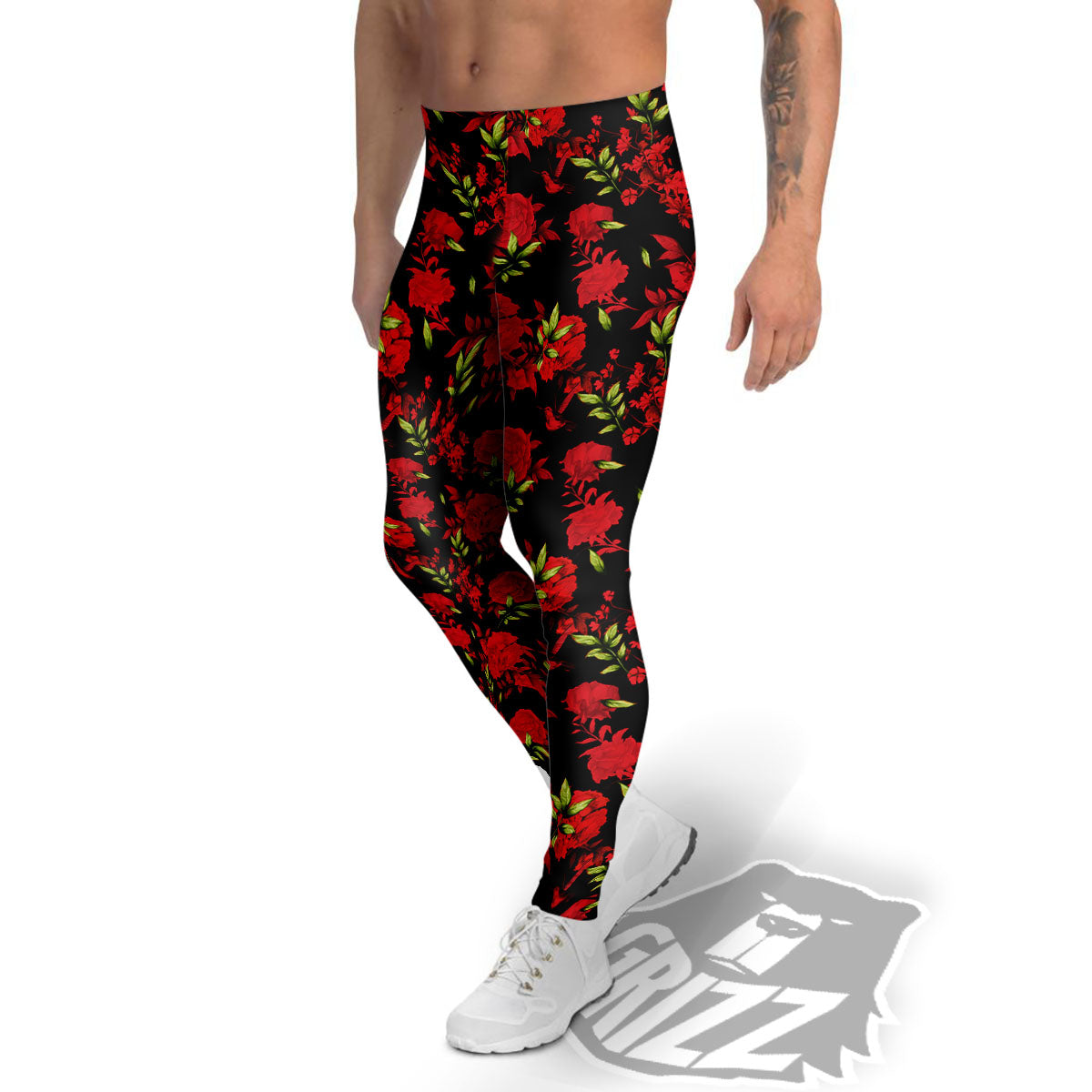 Roses Floral Red And Black Print Men's Leggings-grizzshop