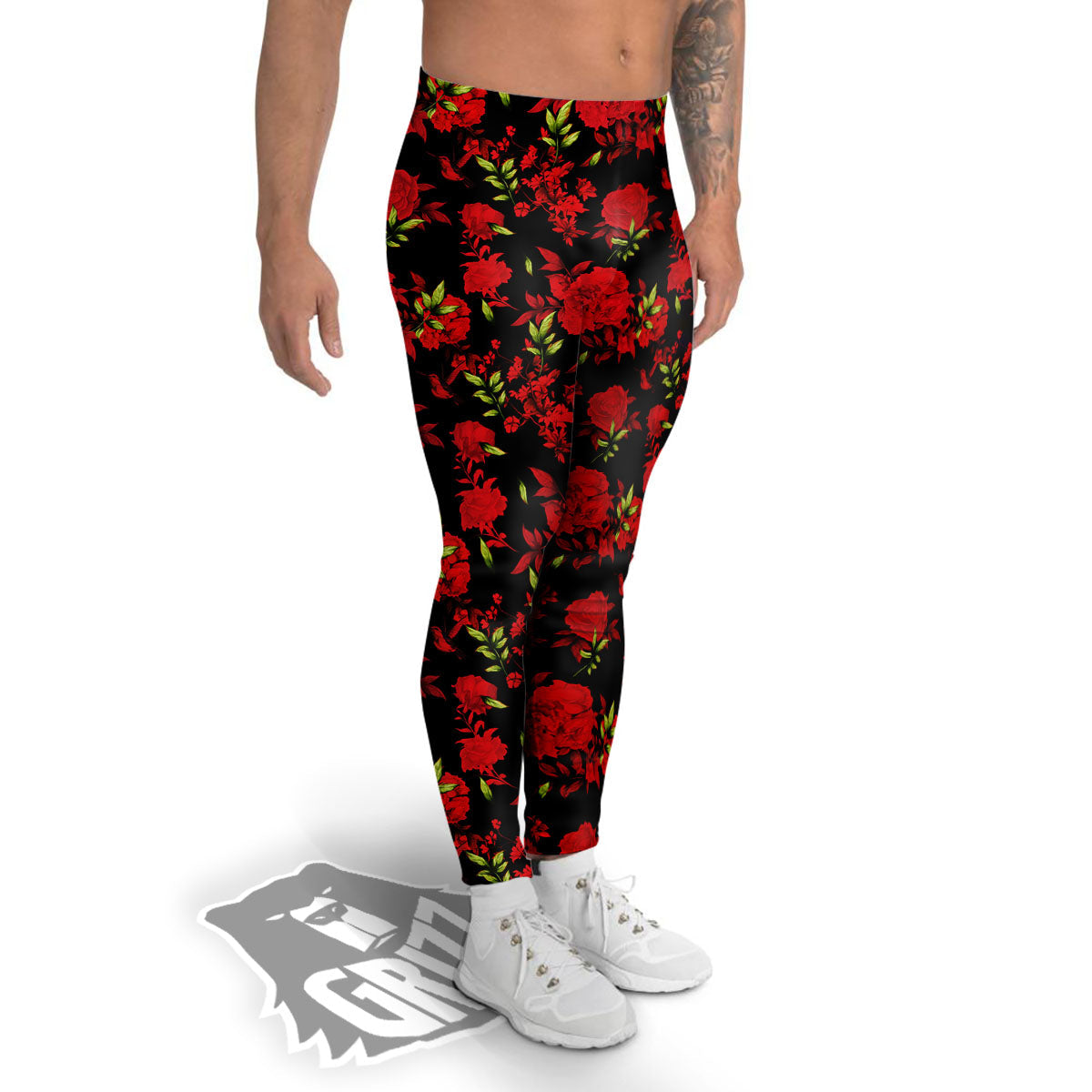 Roses Floral Red And Black Print Men's Leggings-grizzshop