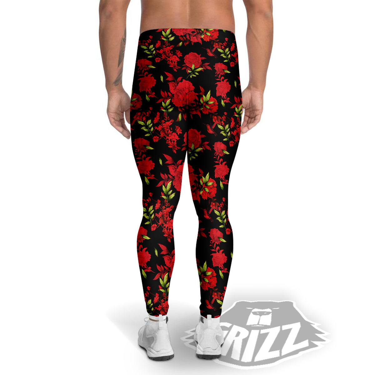 Roses Floral Red And Black Print Men's Leggings-grizzshop