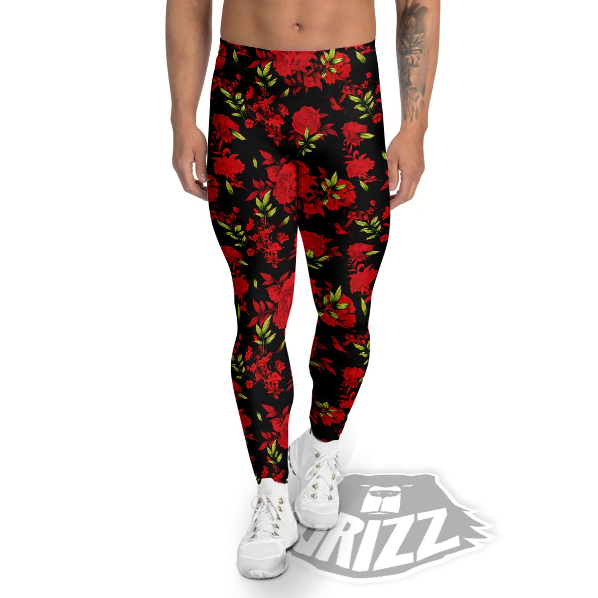 Roses Floral Red And Black Print Men's Leggings-grizzshop