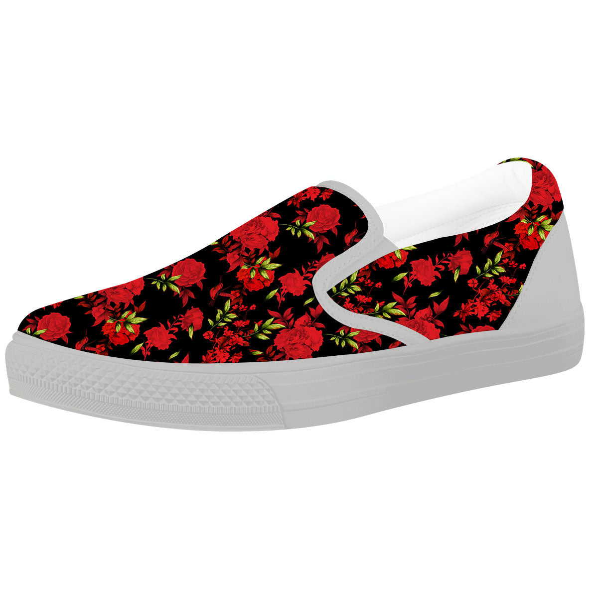 Roses Floral Red And Black Print White Slip On Shoes-grizzshop