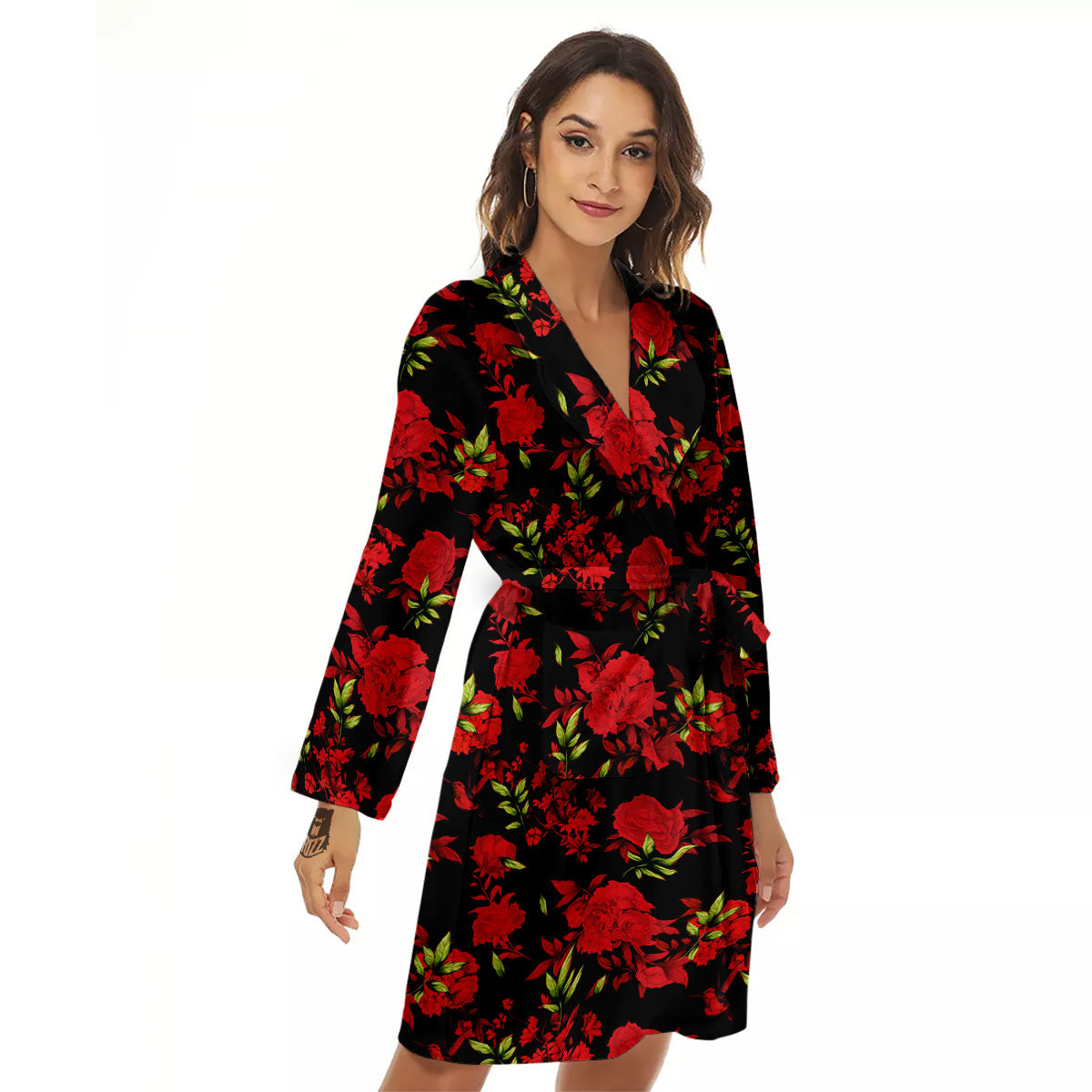 Roses Floral Red And Black Print Women's Robe-grizzshop