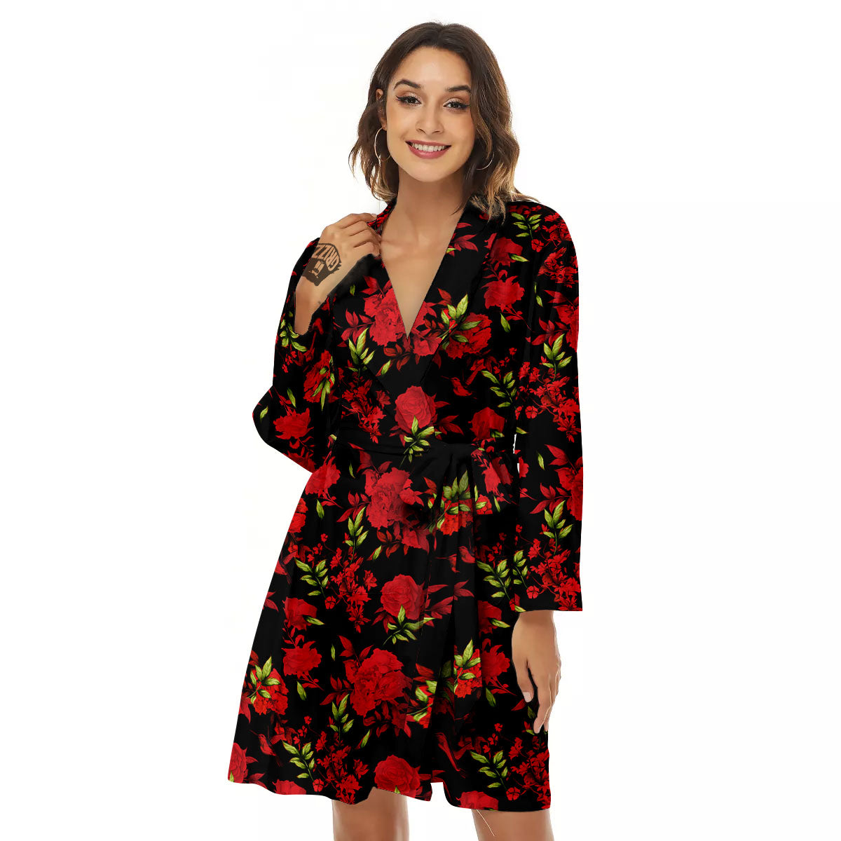 Roses Floral Red And Black Print Women's Robe-grizzshop