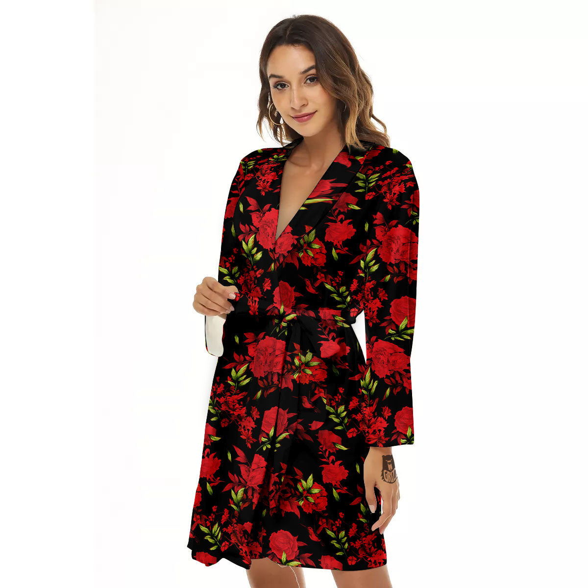 Roses Floral Red And Black Print Women's Robe-grizzshop
