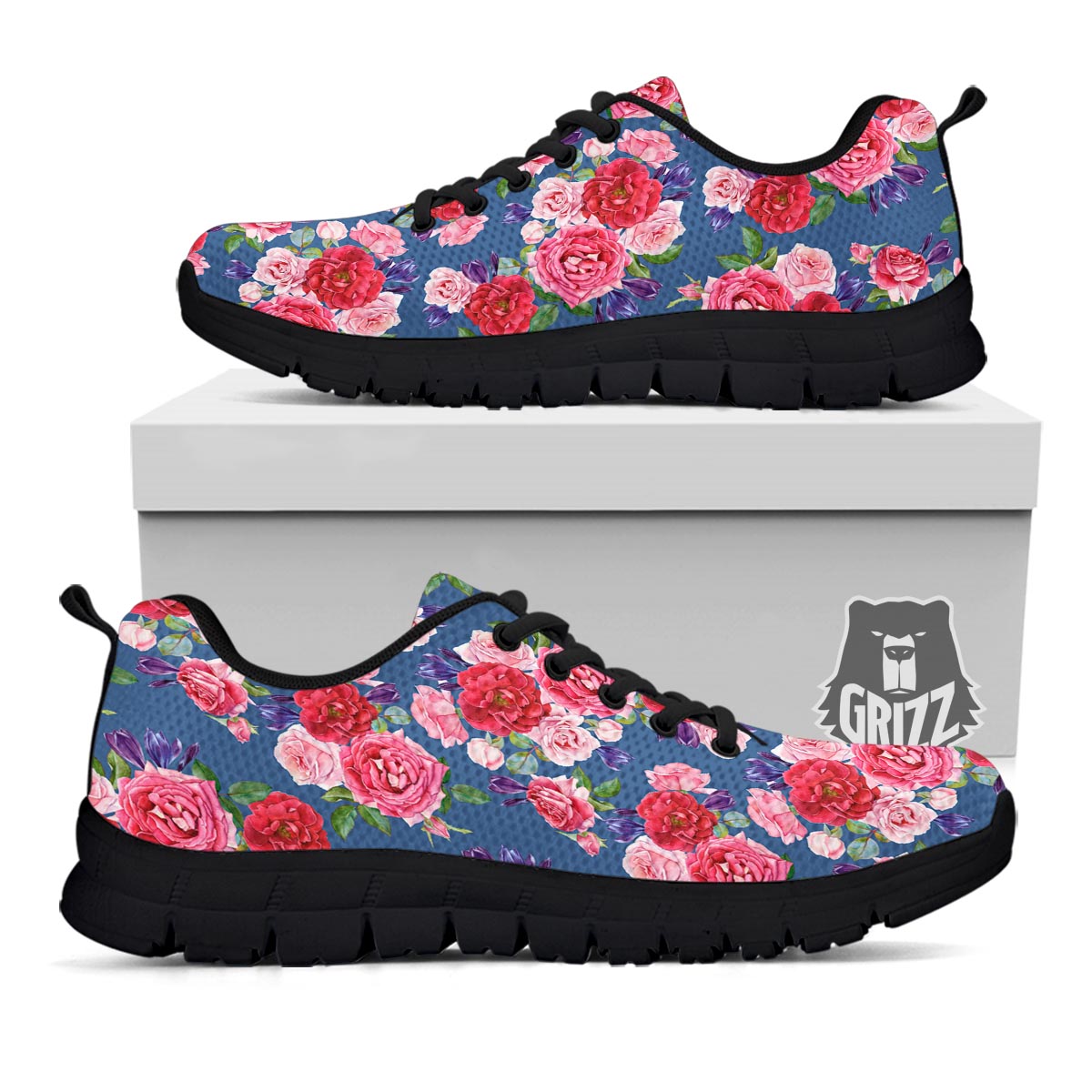 Roses Floral Red Violet Print Pattern Black Sneaker-grizzshop