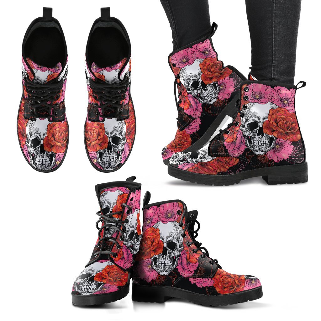 Roses and Skull Women's Leather Boots-grizzshop