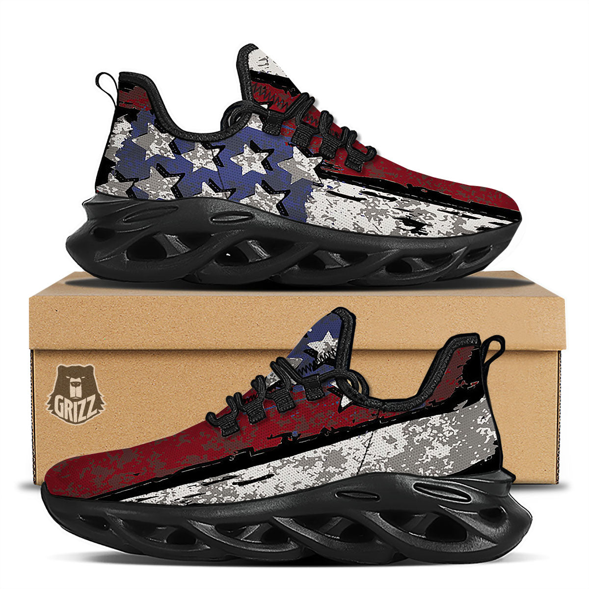 Rough American Flag Print Black Running Shoes-grizzshop