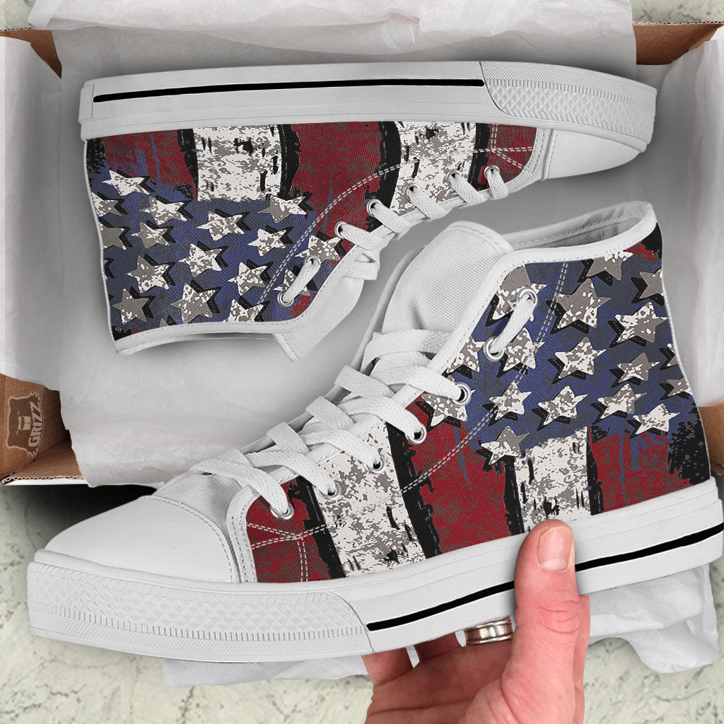 Rough American Flag Print White High Top Shoes-grizzshop