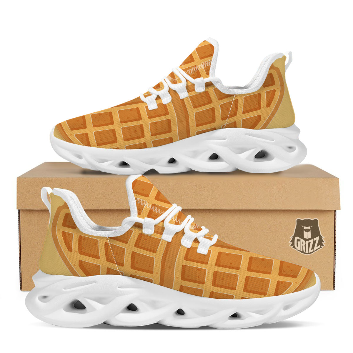 Round Waffle Print White Running Shoes-grizzshop