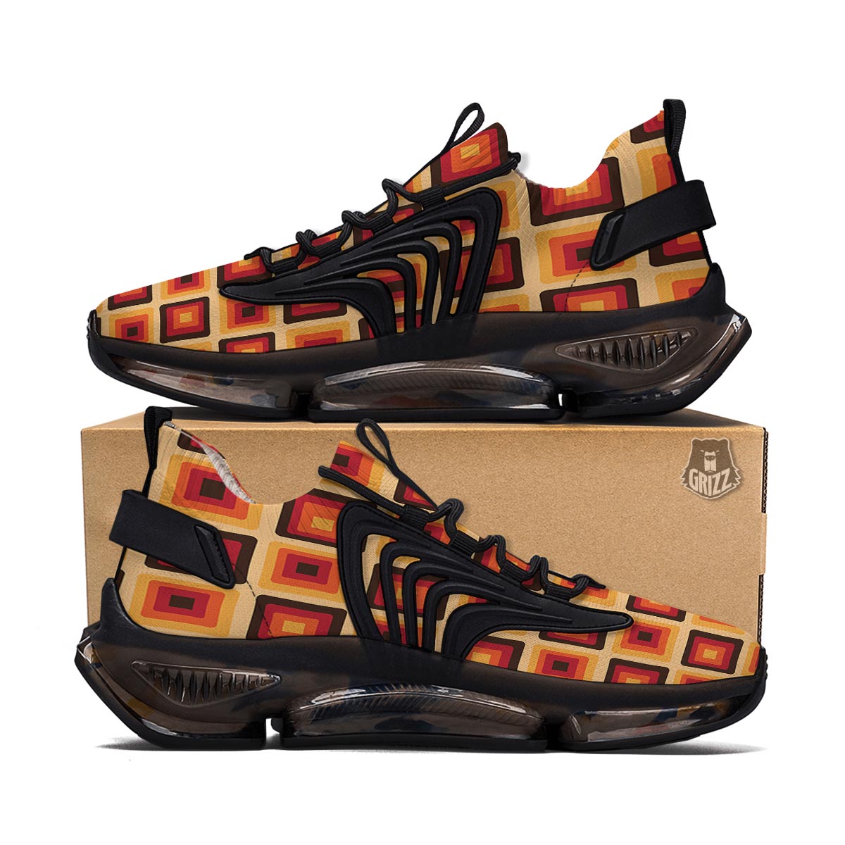 Rounded Square Retro Geometric Print Pattern Black Gym Shoes-grizzshop