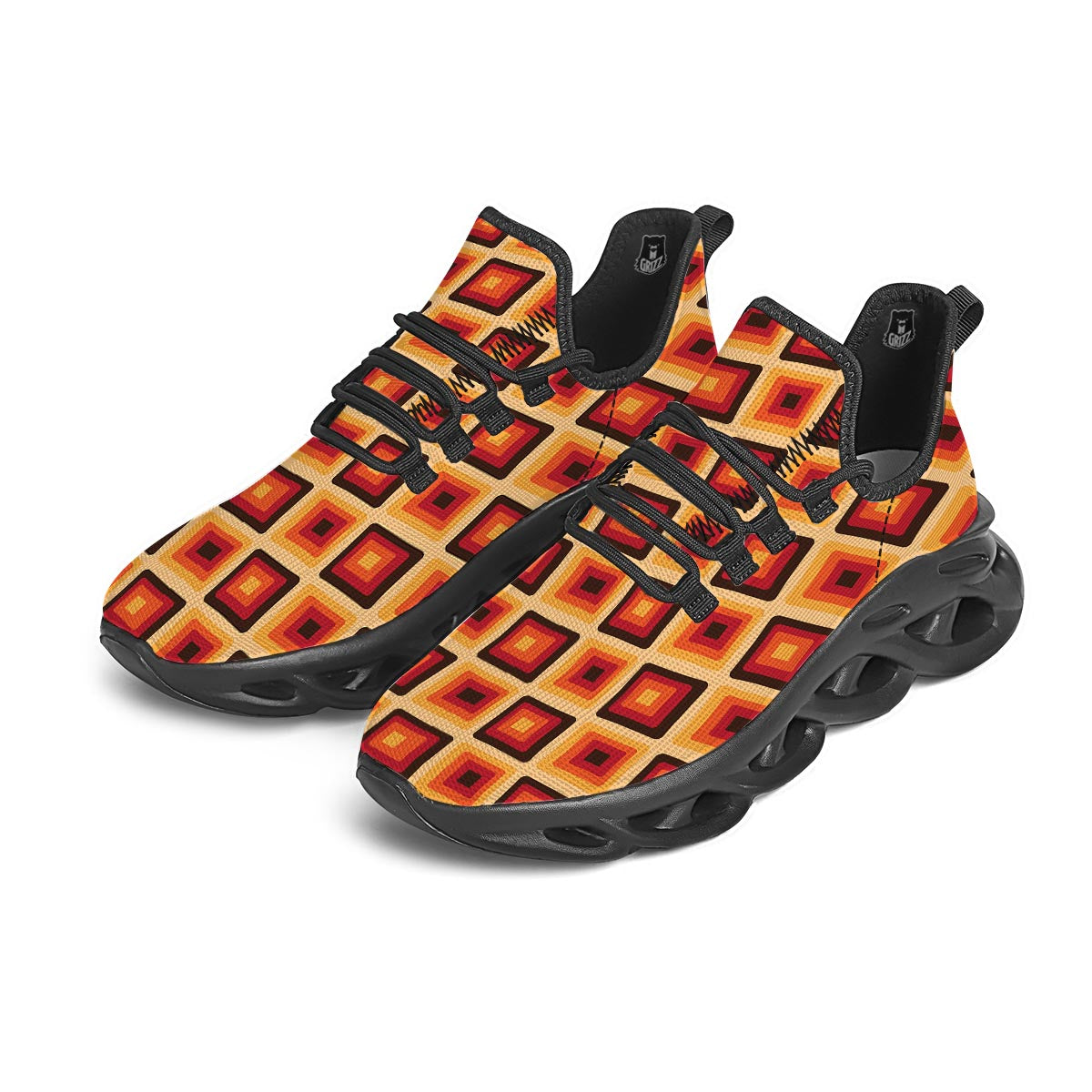 Rounded Square Retro Geometric Print Pattern Black Running Shoes-grizzshop