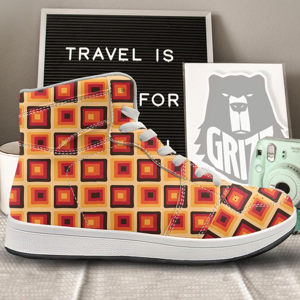 Rounded Square Retro Geometric Print Pattern High Top Sneakers-grizzshop