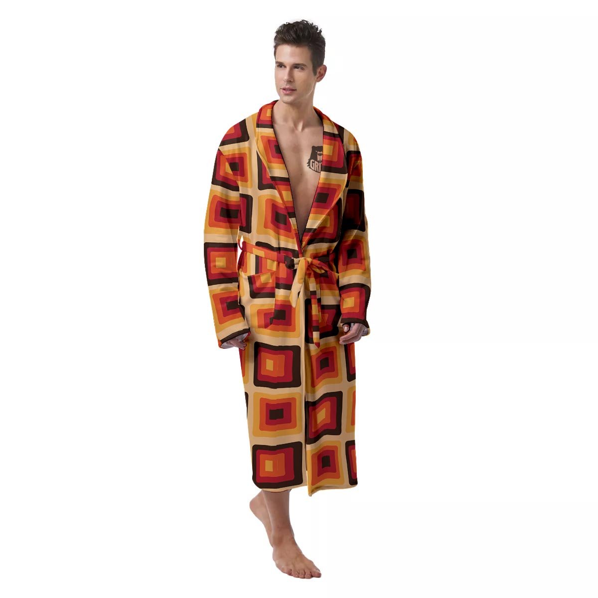 Rounded Square Retro Geometric Print Pattern Men's Robe-grizzshop