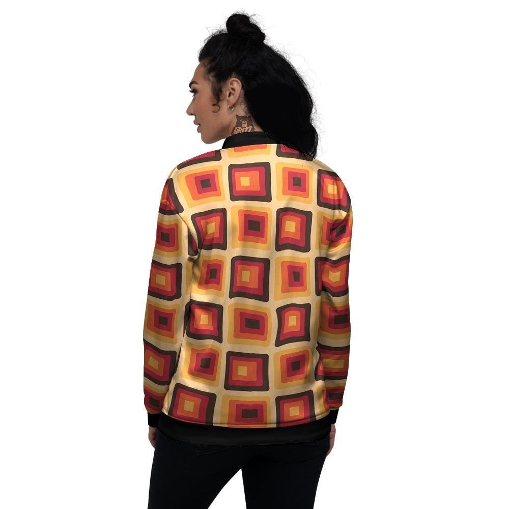 Rounded Square Retro Geometric Print Pattern Women's Bomber Jacket-grizzshop