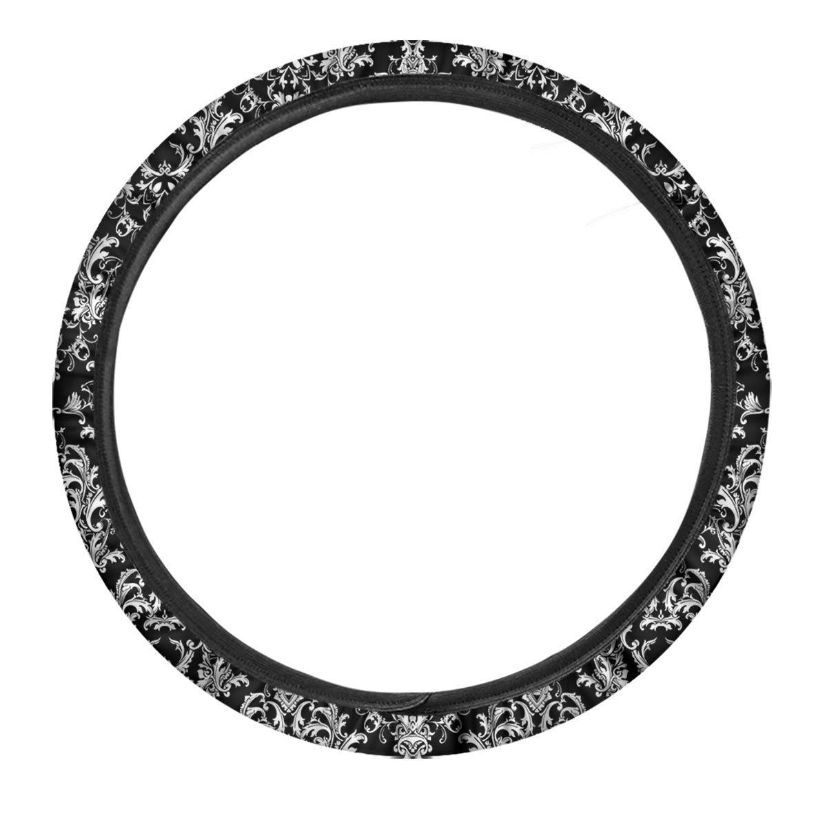 Royal Damask White And Black Print Pattern Car Steering Wheel Cover-grizzshop