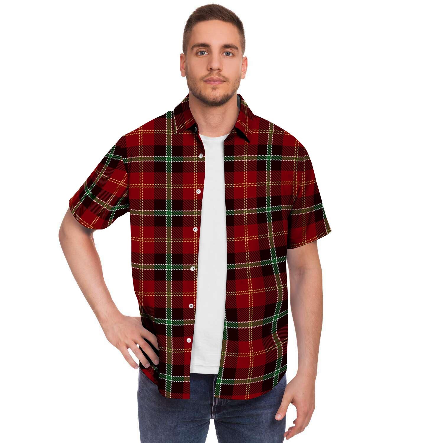 Royal Stewart Red Plaid Tartan Men's Short Sleeve Shirt-grizzshop