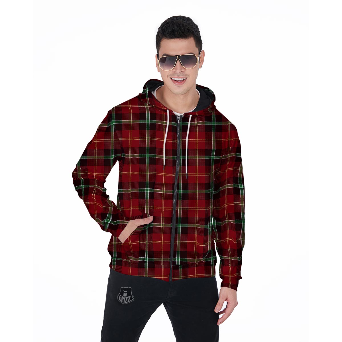 Royal Stewart Red Plaid Tartan Men's Zip Up Hoodie-grizzshop
