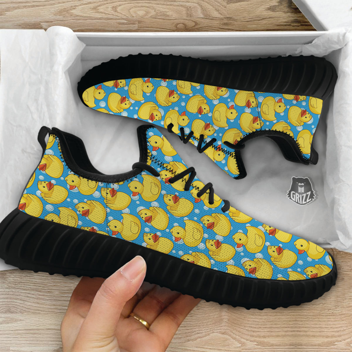 Rubber Duck In Water Print Pattern Black Walking Shoes-grizzshop