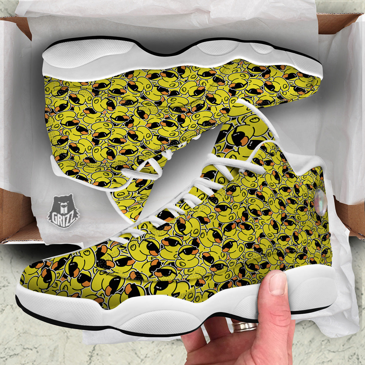 Rubber Duck Mafia Print Pattern White Basketball Shoes-grizzshop