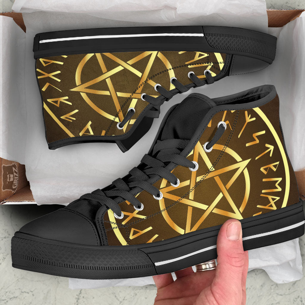 Runes Pentagram Viking Nordic Print Black High Top Shoes-grizzshop