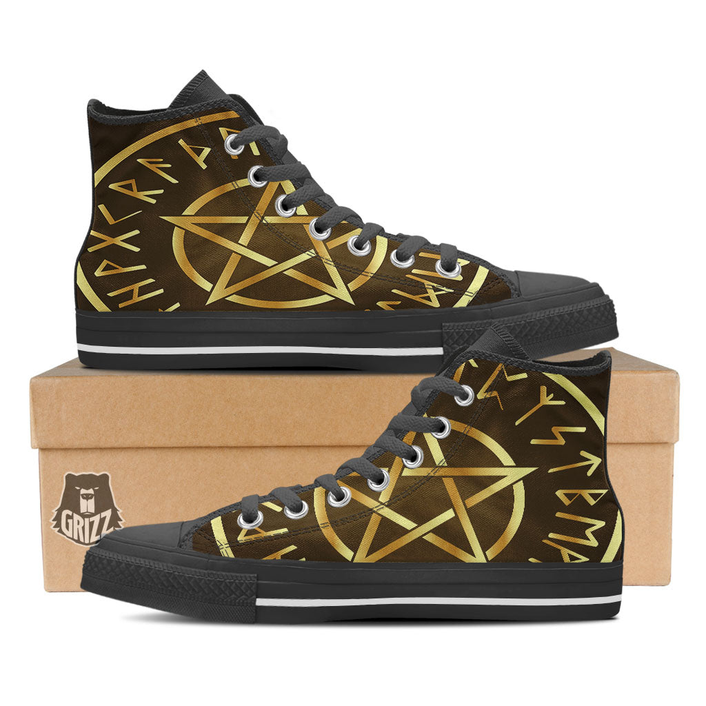 Runes Pentagram Viking Nordic Print Black High Top Shoes-grizzshop