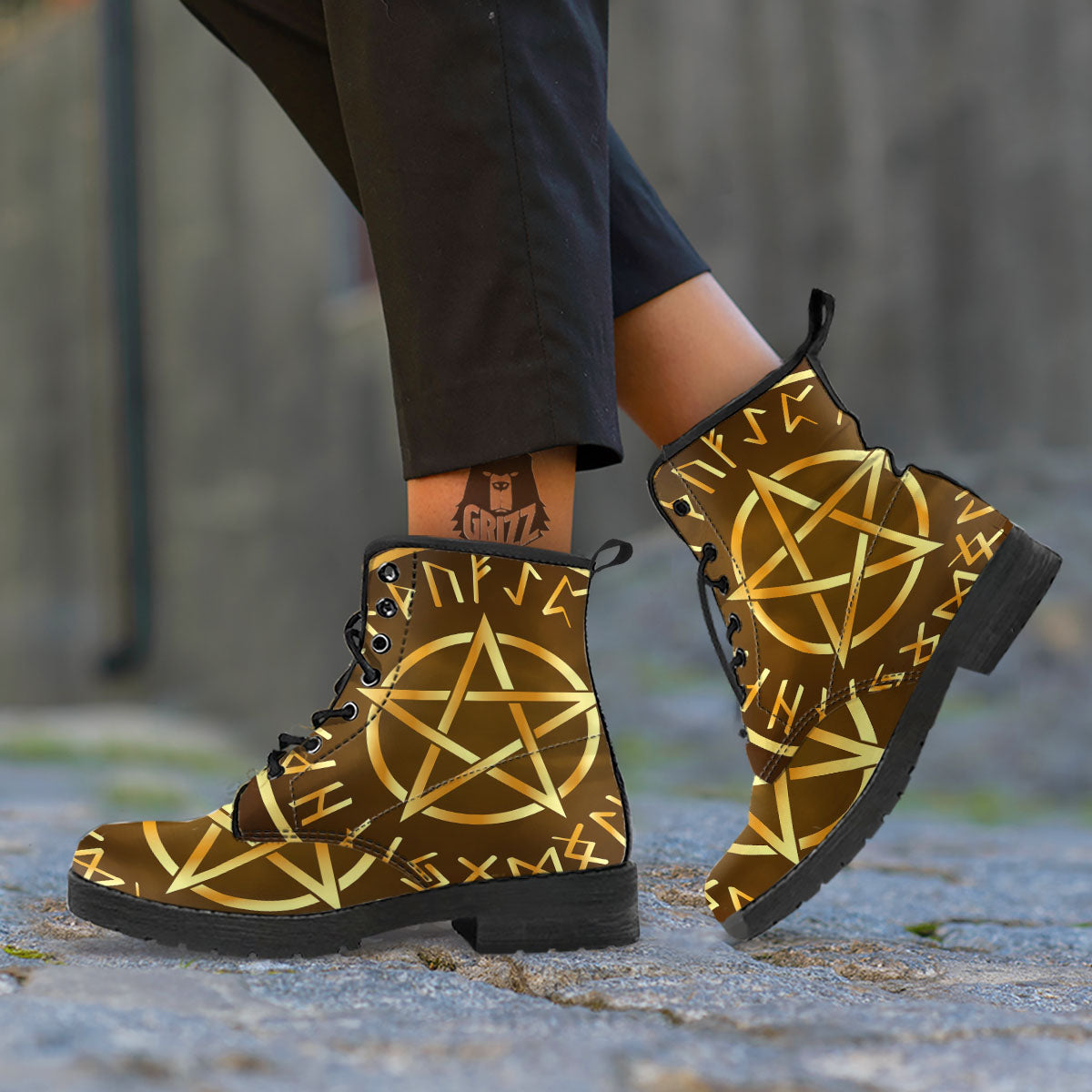 Runes Pentagram Viking Nordic Print Leather Boots-grizzshop