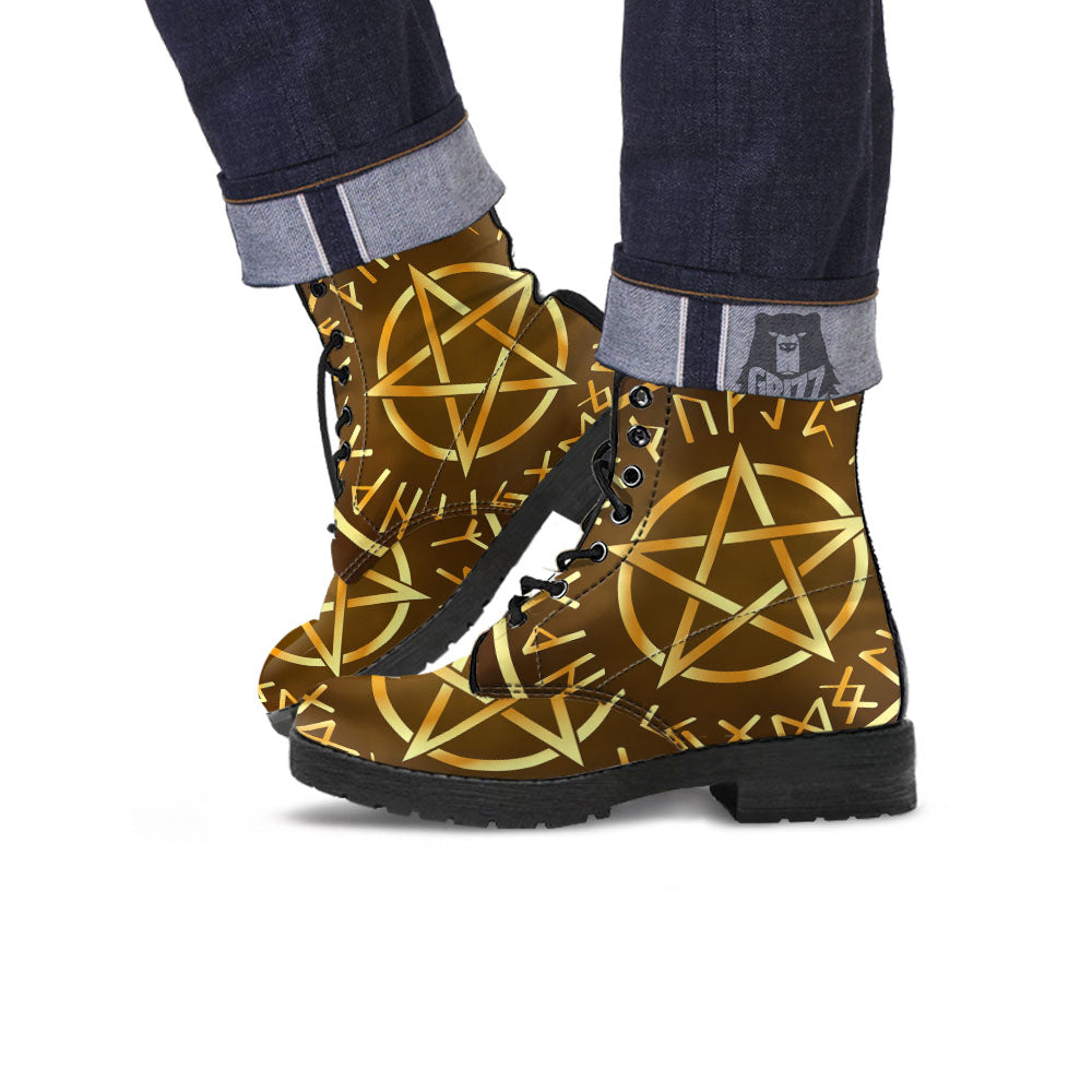 Runes Pentagram Viking Nordic Print Leather Boots-grizzshop