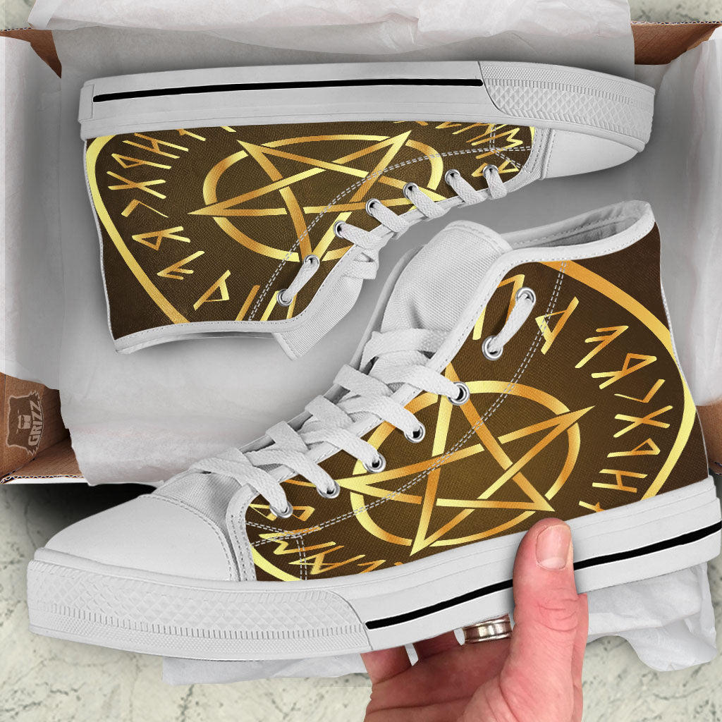 Runes Pentagram Viking Nordic Print White High Top Shoes-grizzshop