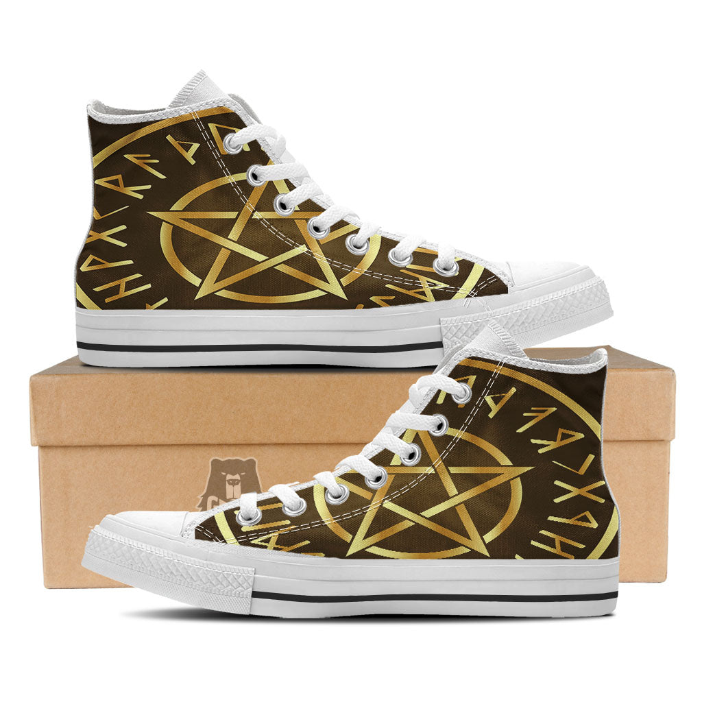 Runes Pentagram Viking Nordic Print White High Top Shoes-grizzshop