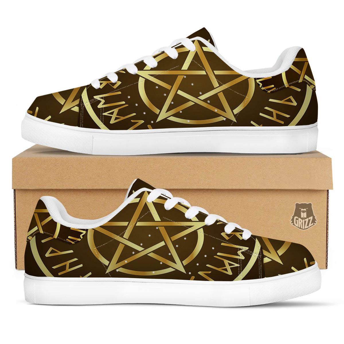 Runes Pentagram Viking Nordic Print White Low Top Sneakers-grizzshop