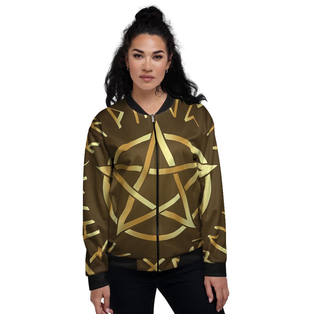 Runes Pentagram Viking Nordic Print Women's Bomber Jacket-grizzshop