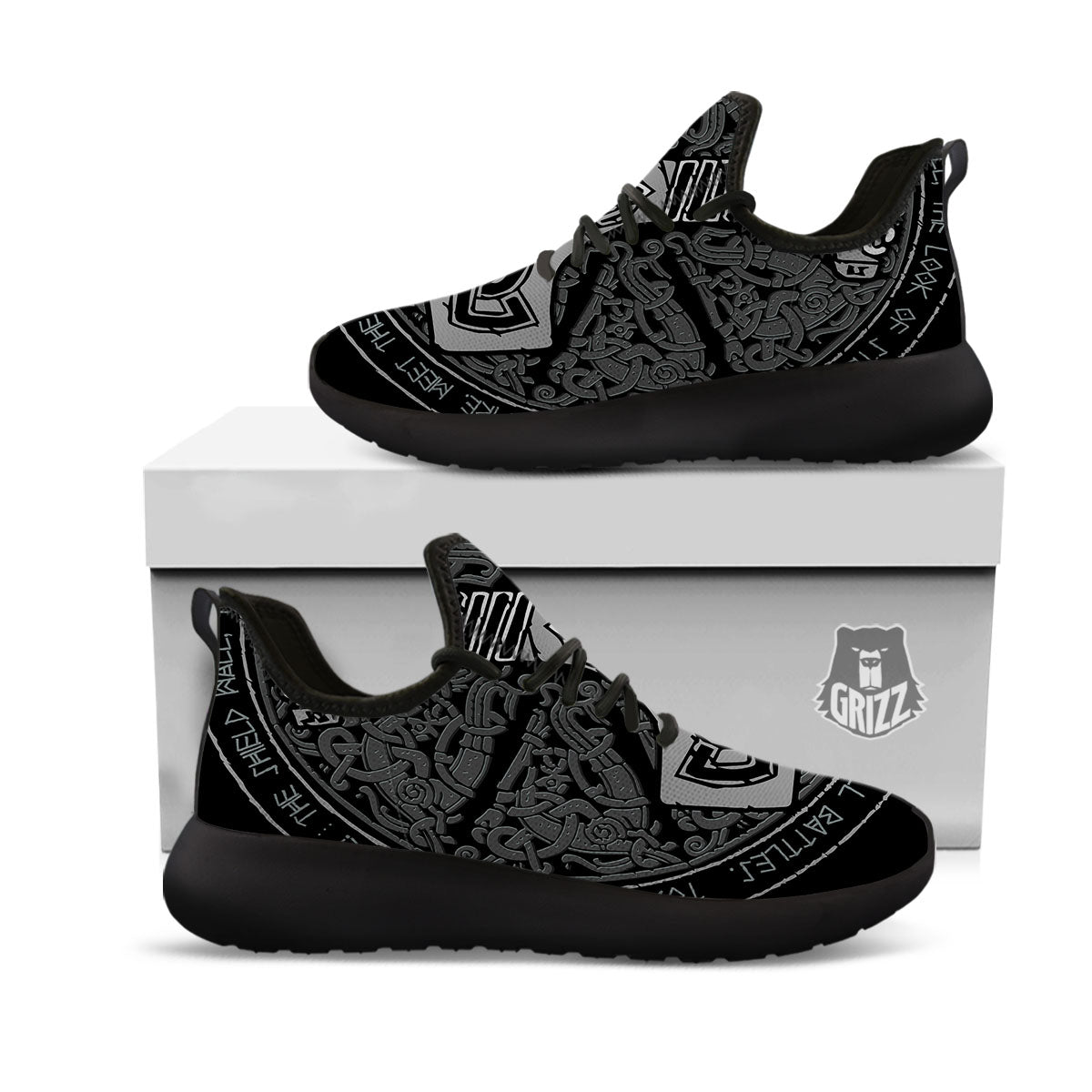 Runes Scandinavian And Mjolnir Print Black Athletic Shoes-grizzshop