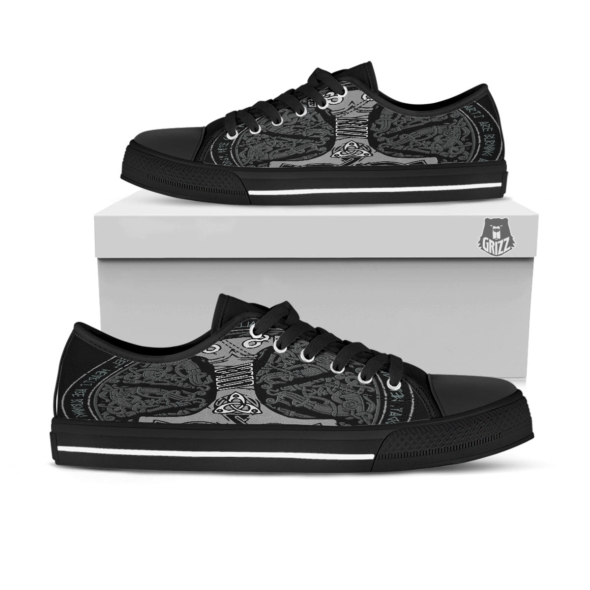Runes Scandinavian And Mjolnir Print Black Low Top Shoes-grizzshop