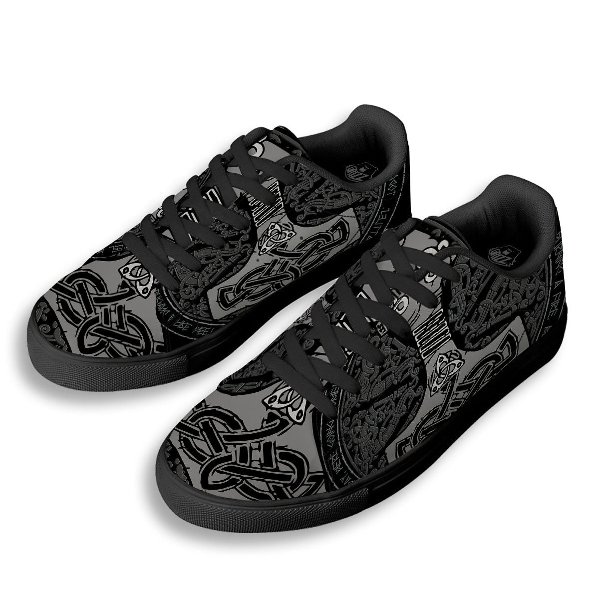 Runes Scandinavian And Mjolnir Print Black Low Top Sneakers-grizzshop