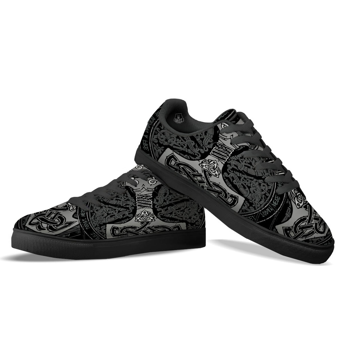 Runes Scandinavian And Mjolnir Print Black Low Top Sneakers-grizzshop
