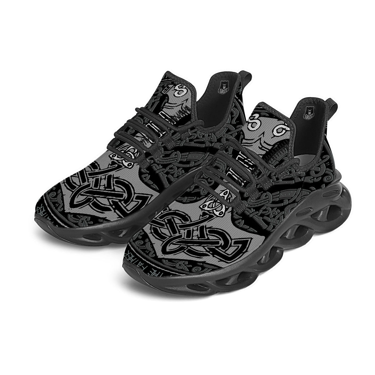 Runes Scandinavian And Mjolnir Print Black Running Shoes-grizzshop